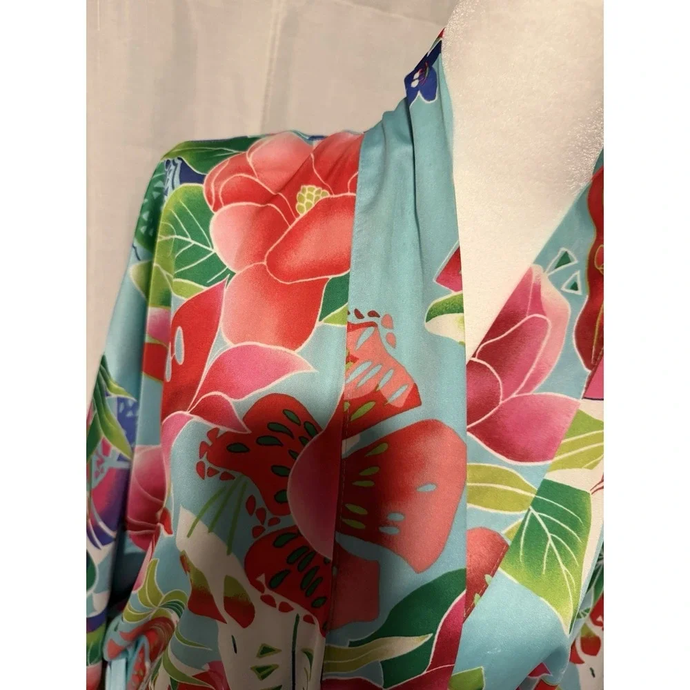 Natori Star Blossom L Robe & Gown Set Silky Floral Kimono Luxury Lounge Resort